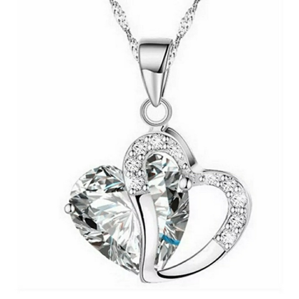 Womens Crystal Heart and Silver Necklace